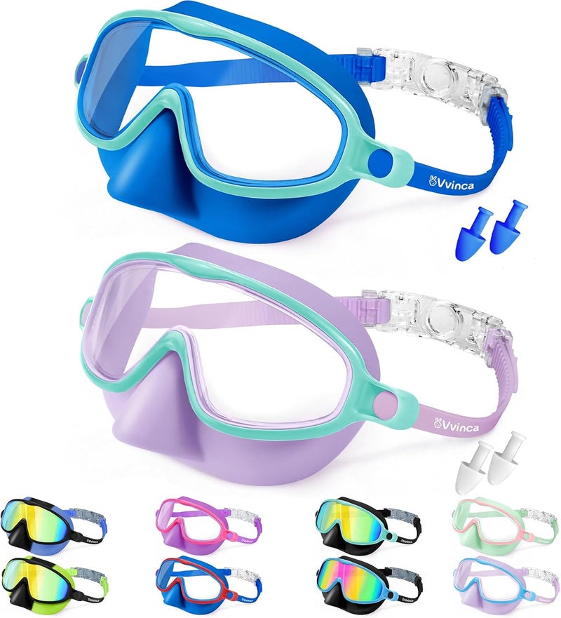 Vvinca Swim Goggles with Nose Cover, 2 Pack Wide View Diving Mask Anti-Fog UV No Leak Toddlers Swimming Goggles for Kids 3-15 - Image 1